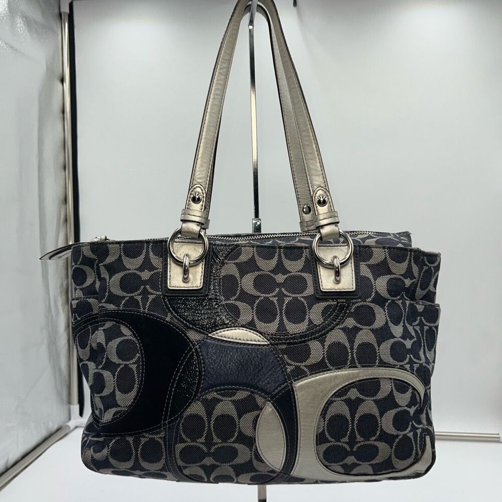 Coach Signature Denim & Leather Tote Zipper Closure Gold Handles